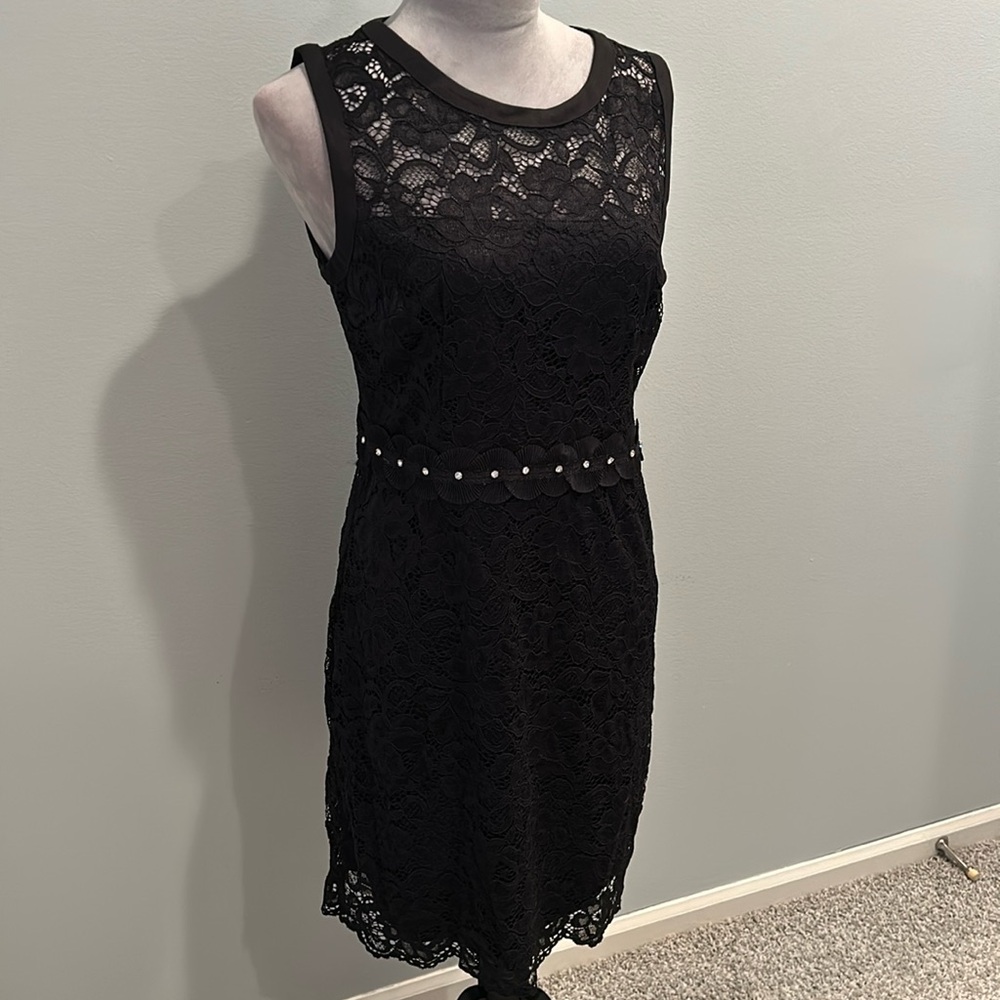 Sam Edelman Sleeveless Black Lace Sheath Dress with Rhinestone detailing